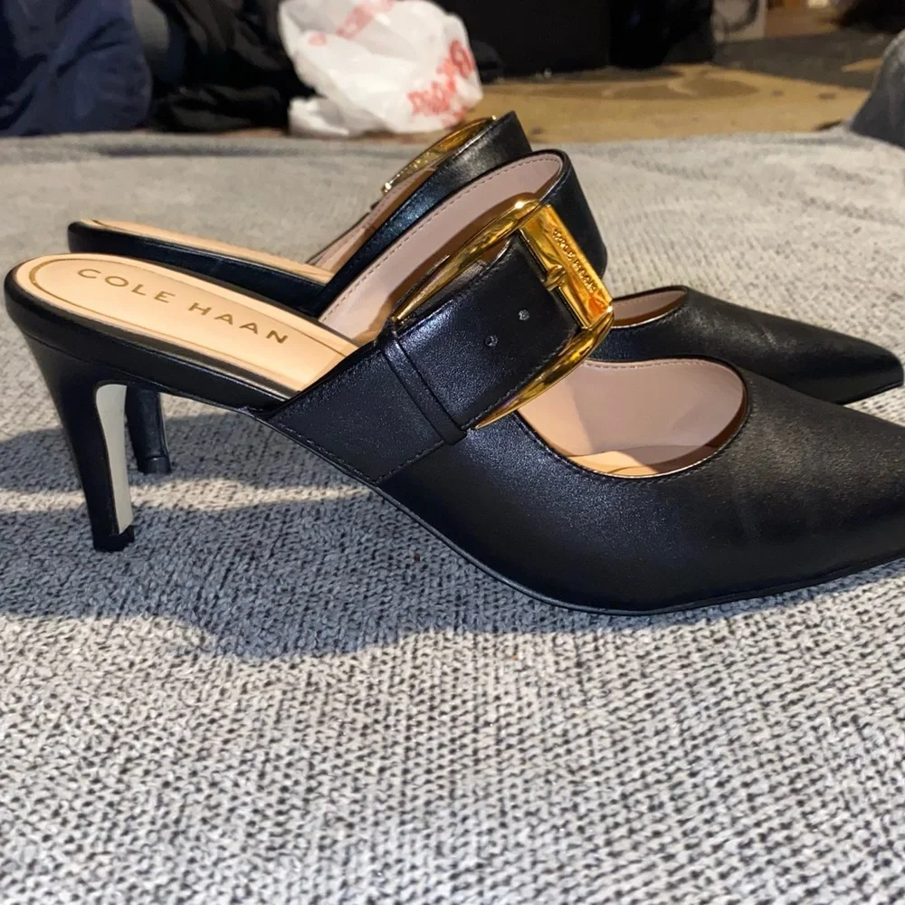 (NWOT)COLE HAAN-Kitten Heel Mules with Gold Buckle - Picture 12 of 16